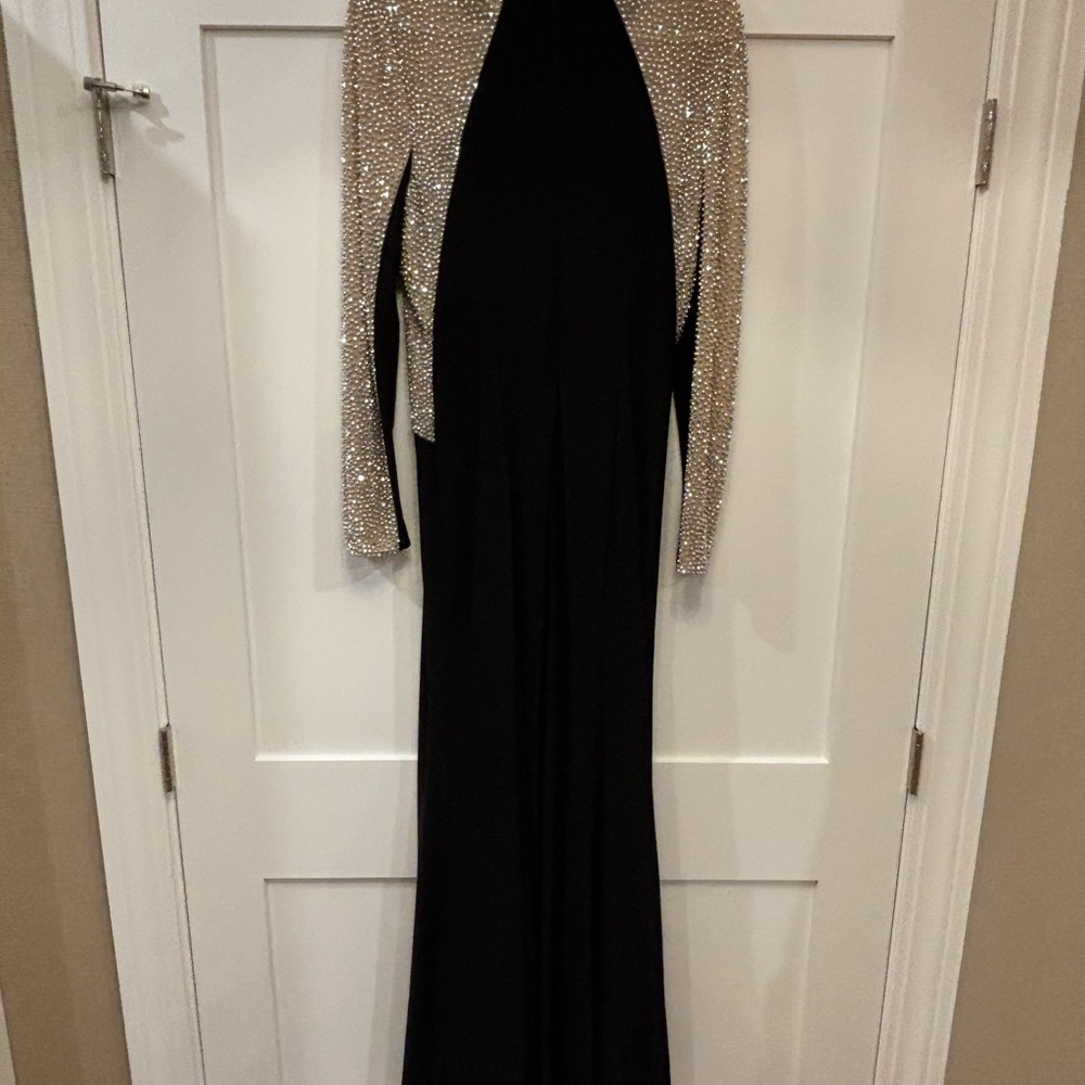 Xscape Black and Gold Sleeveless Cocktail Gown